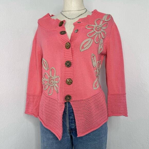 Vintage Pink Floral Embroidered Snap Cardigan Sweater 100% Cotton Timberlea - Picture 1 of 9